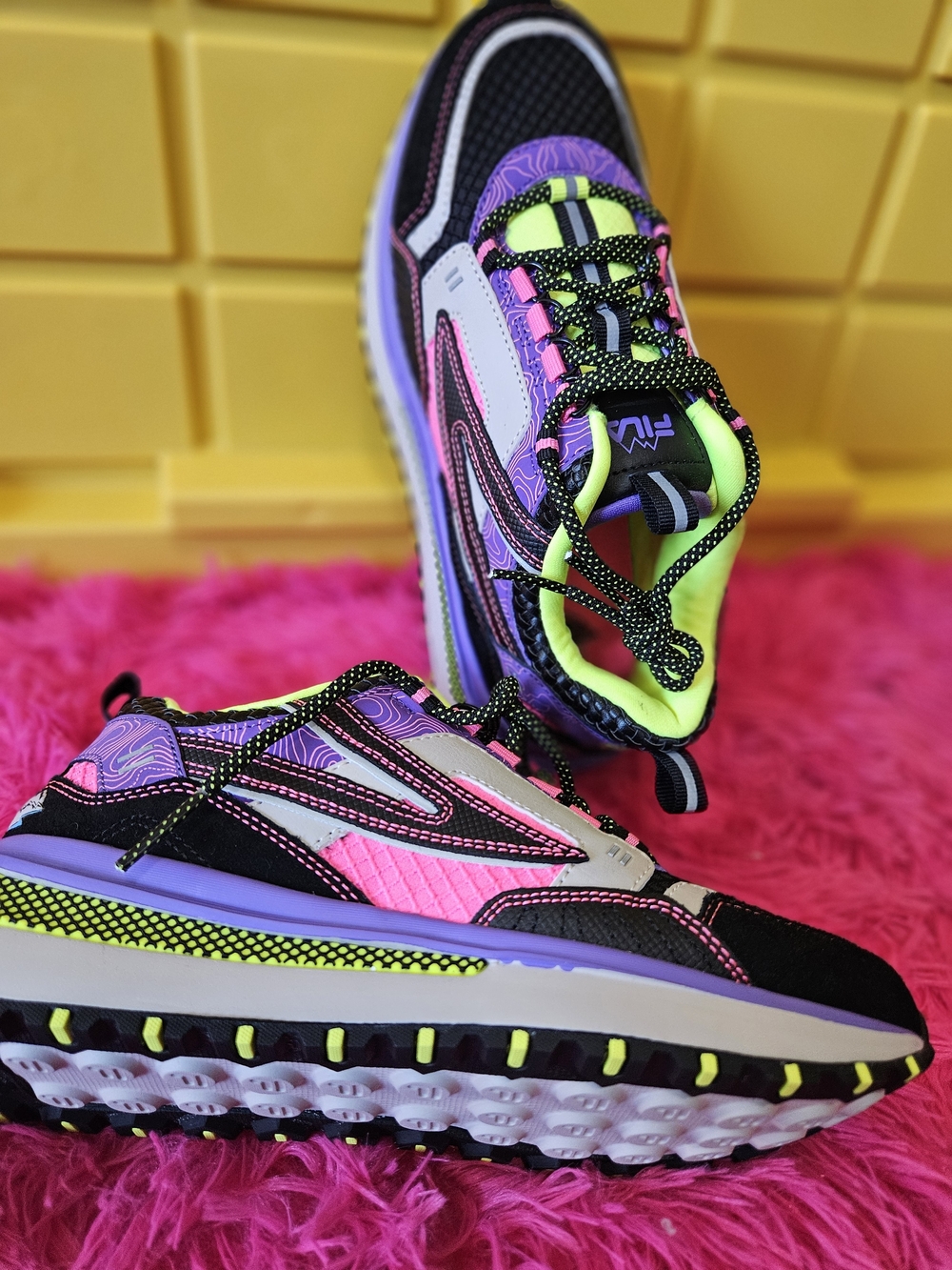Fila Women's Black, Pink & Neon Green Athletic Sneakers
